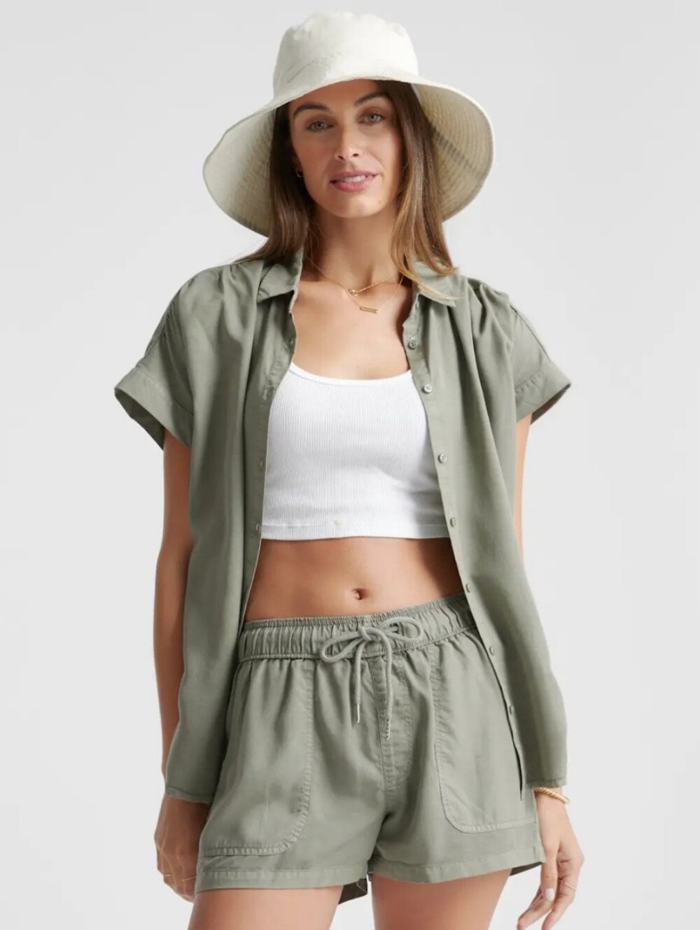 Quince Womens Vintage Wash Tencel Camp Shirt Olive Green Short Sleeve Size Large